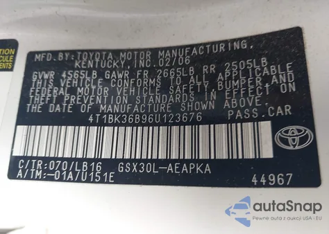 2006 Toyota Avalon Limited from USA, damaged, VIN 4T1BK36B96U123676